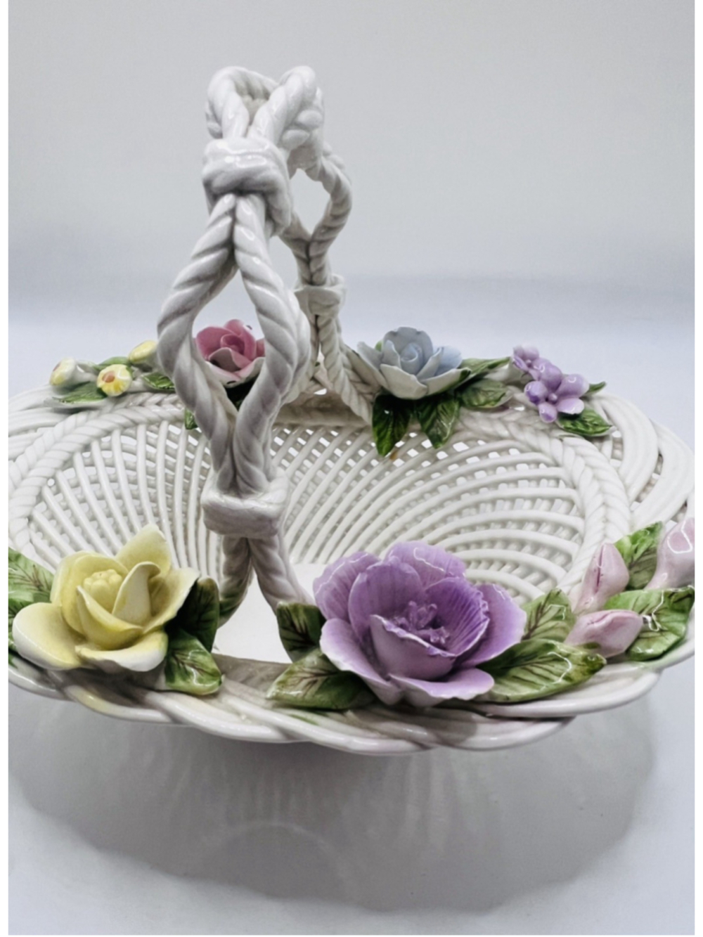 Vintage Spanish Porcelain Floral Open Weave Basket White Pastel Made In Spain